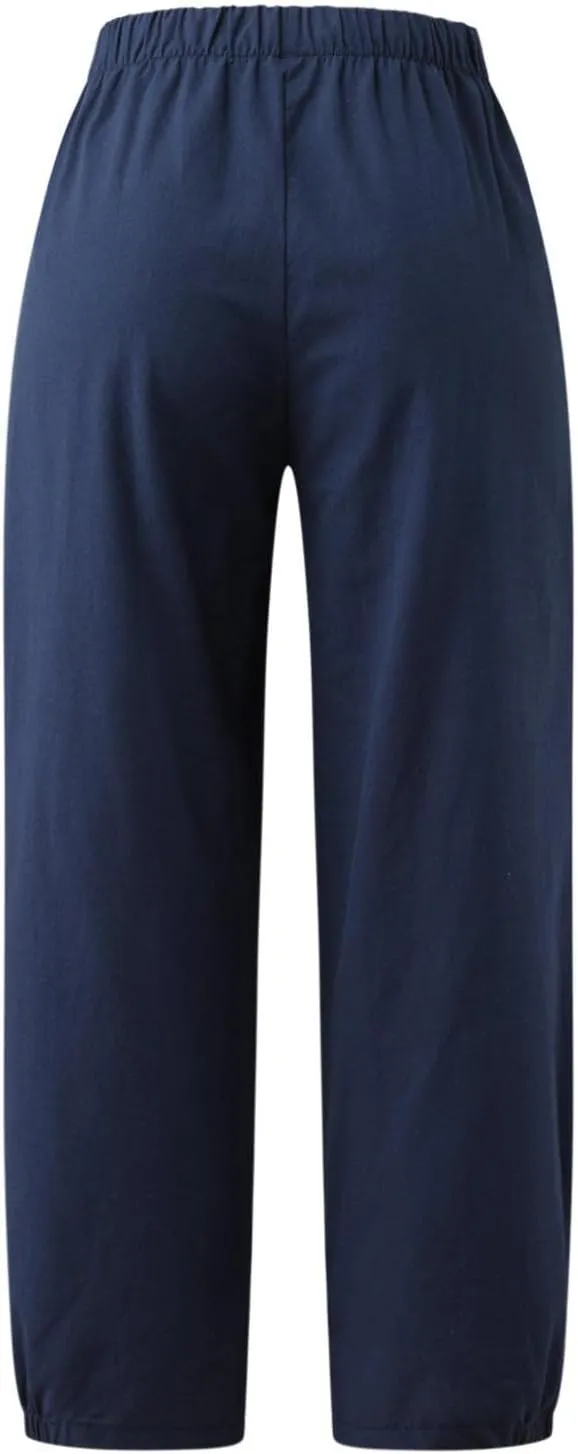 Nyybw High Waist Wide Leg Pants for Women Casual Crop Dress Pants Stretch Cotton Linen Pull On Office Capris Work Trousers