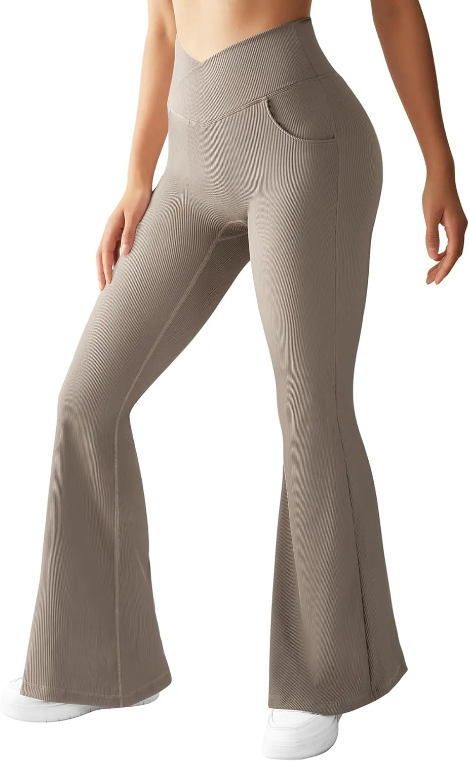 OMKAGI V Waist Flare Leggings for Women Tummy Control Wide Leg Yoga Pants with Pockets