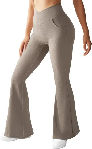 OMKAGI V Waist Flare Leggings for Women Tummy Control Wide Leg Yoga Pants with Pockets