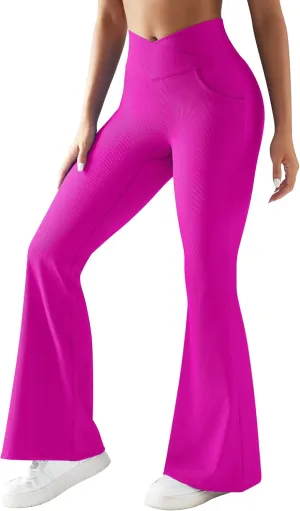 OMKAGI V Waist Flare Leggings for Women Tummy Control Wide Leg Yoga Pants with Pockets