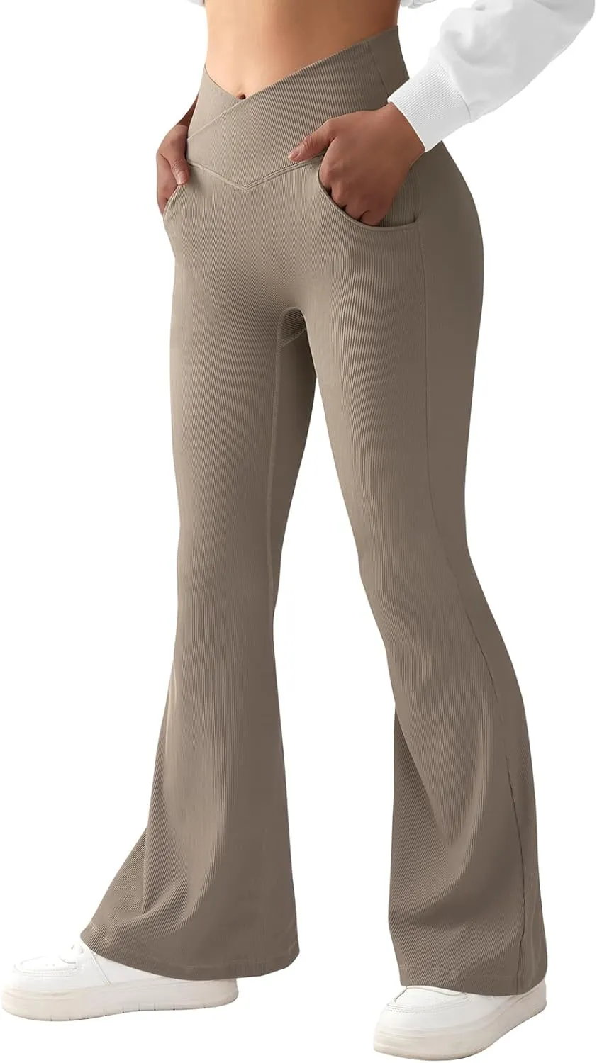 OMKAGI V Waist Flare Leggings for Women Tummy Control Wide Leg Yoga Pants with Pockets