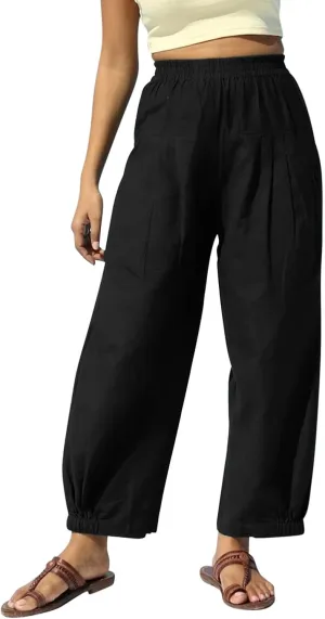 Oplxuo Cotton Linen Pants for Women Trendy Elastic Bottom Casual Comfy Baggy Harem Pants High Waist Summer Beach Trousers