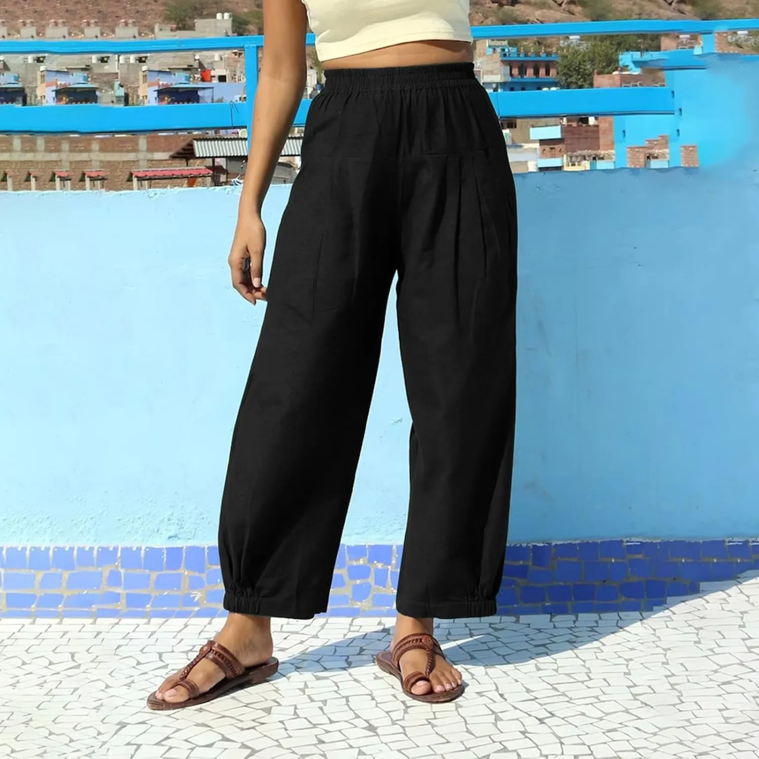 Oplxuo Cotton Linen Pants for Women Trendy Elastic Bottom Casual Comfy Baggy Harem Pants High Waist Summer Beach Trousers
