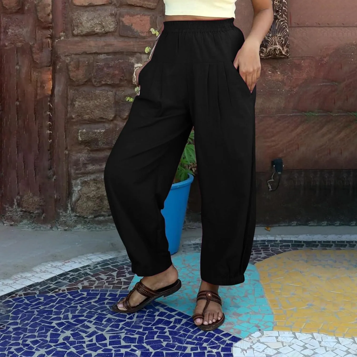 Oplxuo Cotton Linen Pants for Women Trendy Elastic Bottom Casual Comfy Baggy Harem Pants High Waist Summer Beach Trousers