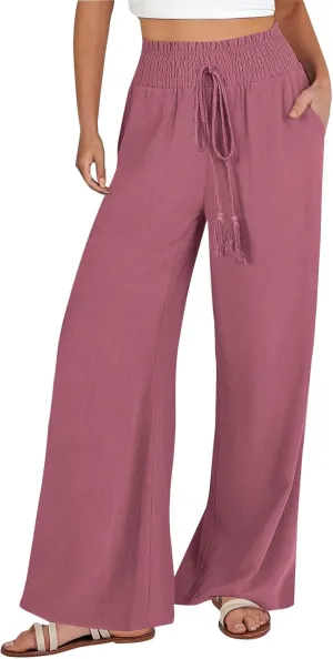 Palazzo Linen Pants for Women Summer Casual Boho Loose High Waist Wide Leg Pants Drawstring Trousers with Pockets