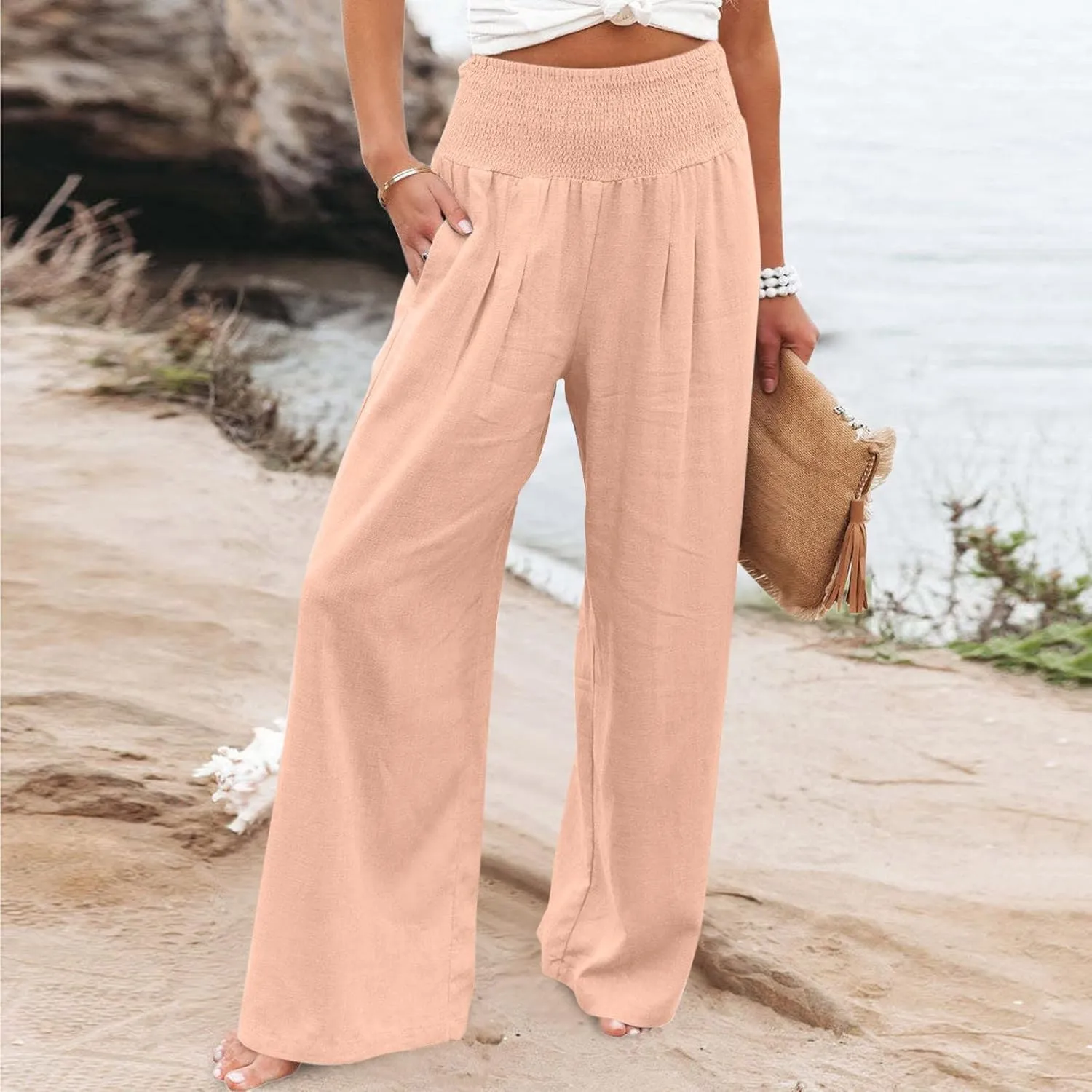 Palazzo Pants for Women Summer Wide Leg High Waist Linen Pants Loose Fitting Casual Flowy Trousers with Pockets