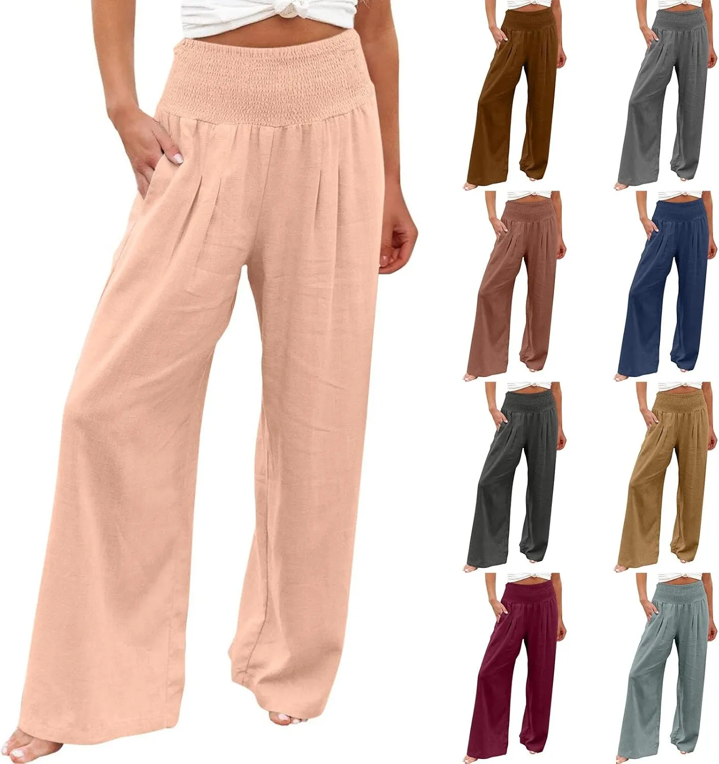 Palazzo Pants for Women Summer Wide Leg High Waist Linen Pants Loose Fitting Casual Flowy Trousers with Pockets