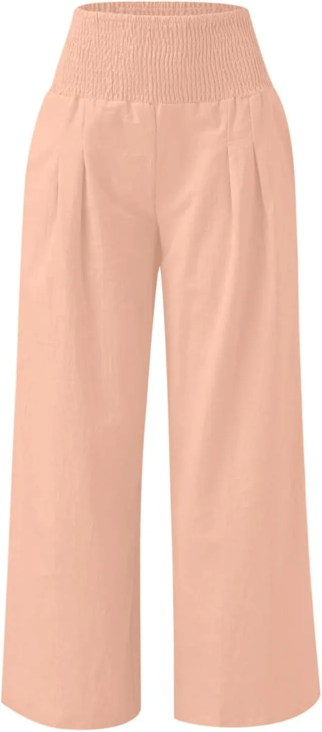 Palazzo Pants for Women Summer Wide Leg High Waist Linen Pants Loose Fitting Casual Flowy Trousers with Pockets
