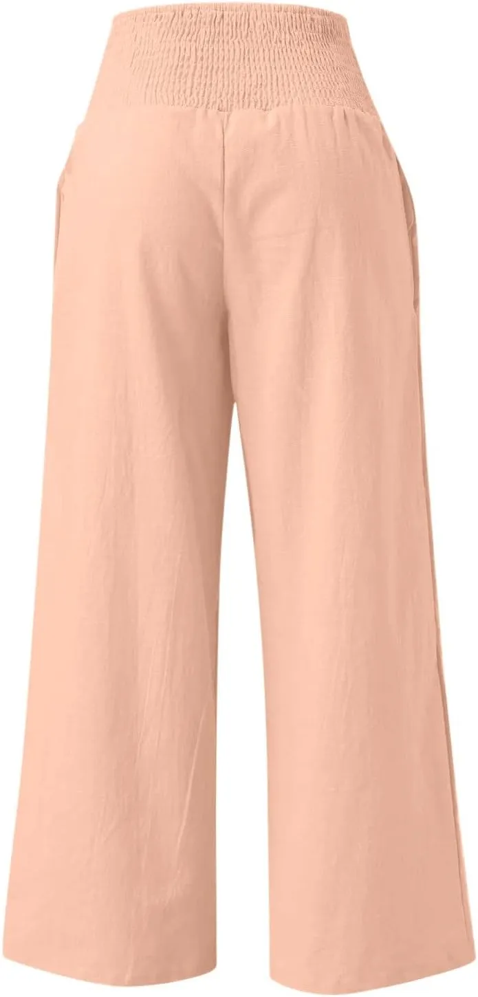 Palazzo Pants for Women Summer Wide Leg High Waist Linen Pants Loose Fitting Casual Flowy Trousers with Pockets