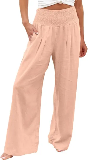 Palazzo Pants for Women Summer Wide Leg High Waist Linen Pants Loose Fitting Casual Flowy Trousers with Pockets