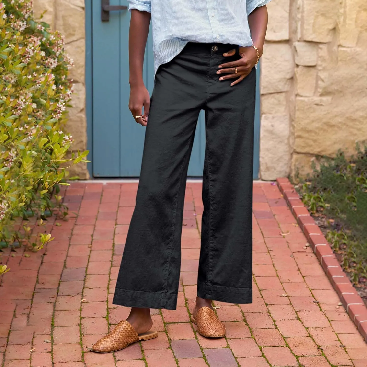 Pants for Women, Casual Pants Peasant Side Button Straight Leg Linen Plaid