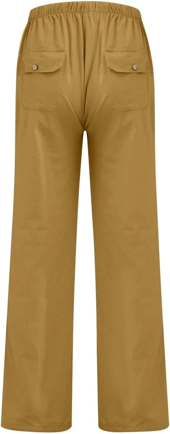 Pants for Women Cotton Linen Wide Leg Pants Casual Summer Boho Baggy Sport Trouser with Pockets Drawstring Loose Pant