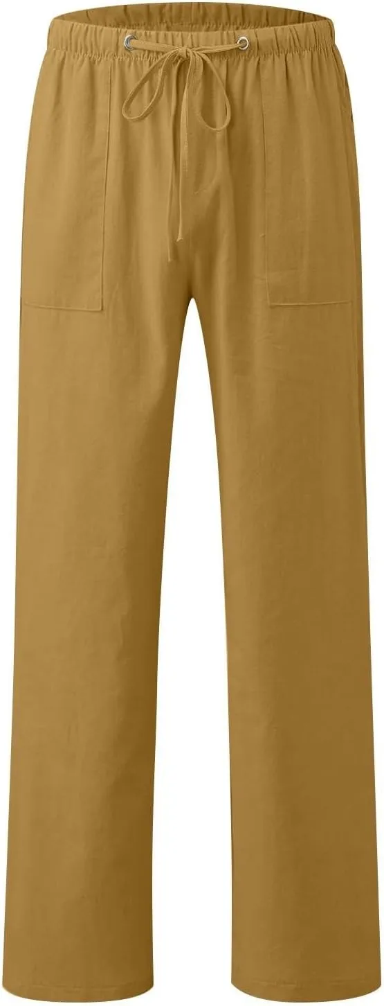 Pants for Women Cotton Linen Wide Leg Pants Casual Summer Boho Baggy Sport Trouser with Pockets Drawstring Loose Pant