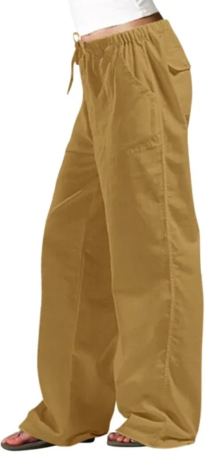 Pants for Women Cotton Linen Wide Leg Pants Casual Summer Boho Baggy Sport Trouser with Pockets Drawstring Loose Pant