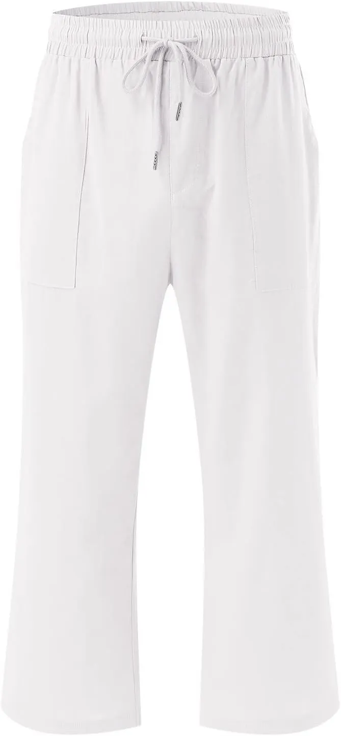 Petite Pants For Women Summer Cropped Linen Trouser Elastic Waist Drawstring 3/4 Length Pant Lightweight Loose Pant