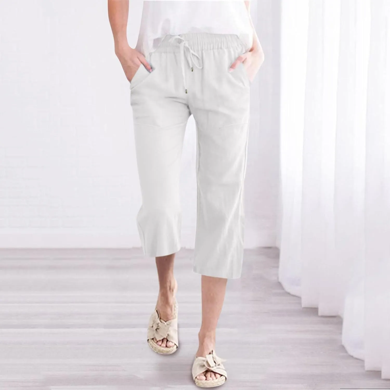 Petite Pants For Women Summer Cropped Linen Trouser Elastic Waist Drawstring 3/4 Length Pant Lightweight Loose Pant