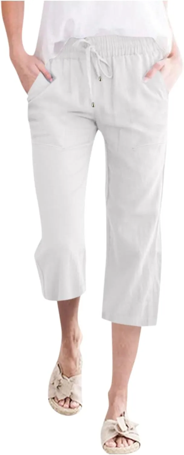 Petite Pants For Women Summer Cropped Linen Trouser Elastic Waist Drawstring 3/4 Length Pant Lightweight Loose Pant