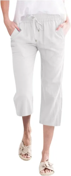 Petite Pants For Women Summer Cropped Linen Trouser Elastic Waist Drawstring 3/4 Length Pant Lightweight Loose Pant