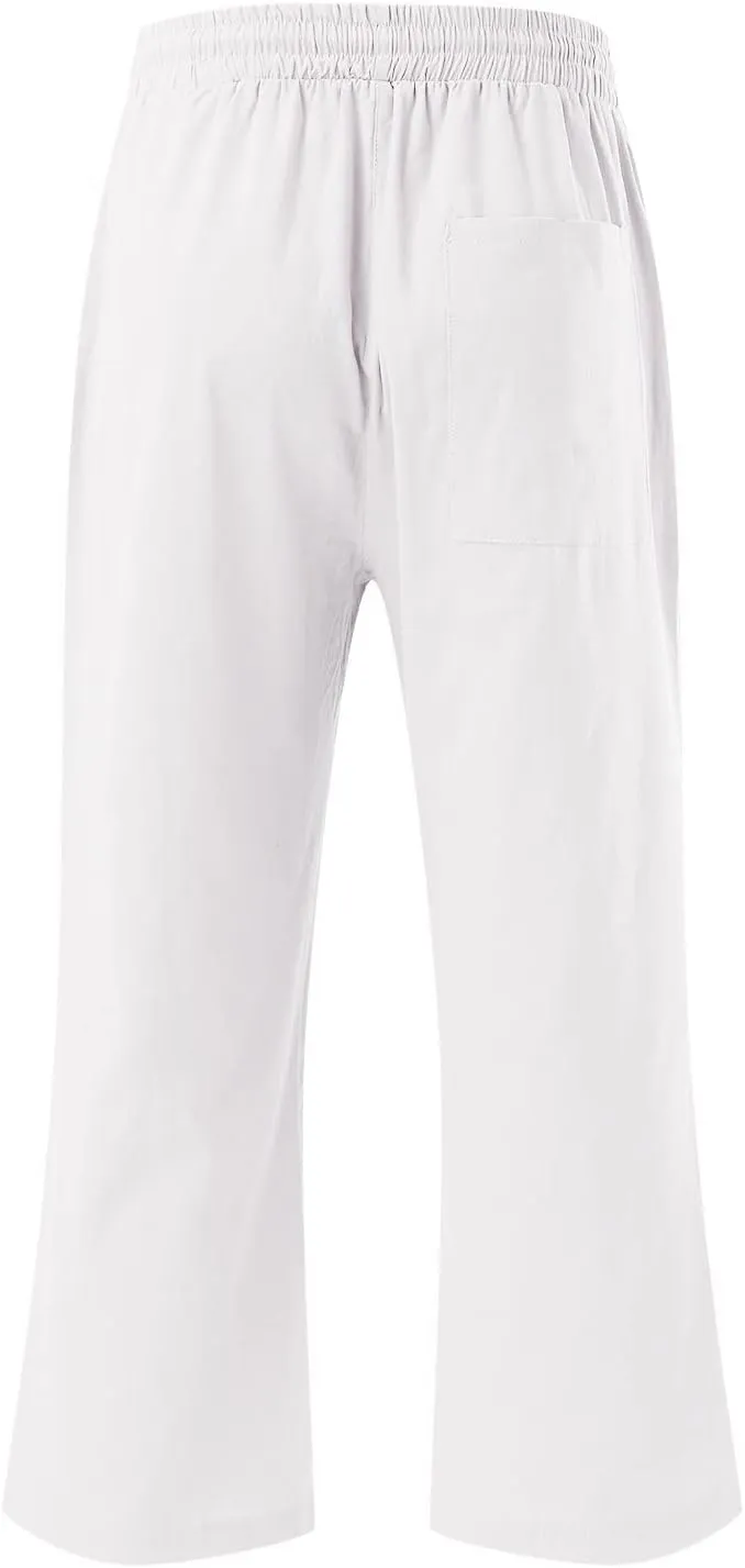 Petite Pants For Women Summer Cropped Linen Trouser Elastic Waist Drawstring 3/4 Length Pant Lightweight Loose Pant