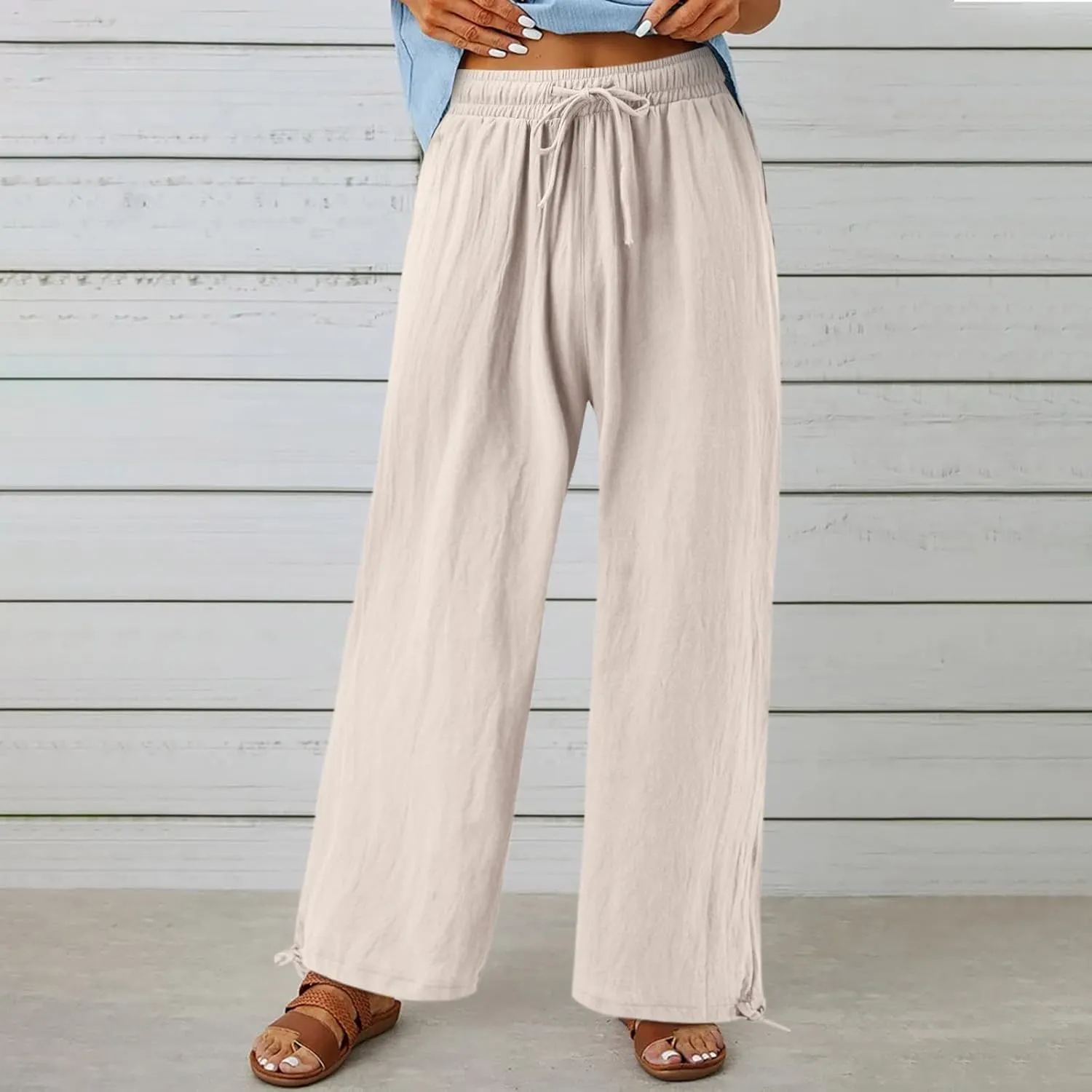 Plus Size Linen Pants for Women Casual High Waisted Wide Leg Palazzo Pants Summer Flowy Beach Trousers with Pockets