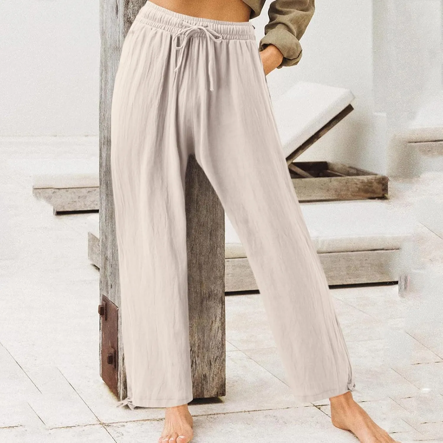 Plus Size Linen Pants for Women Casual High Waisted Wide Leg Palazzo Pants Summer Flowy Beach Trousers with Pockets