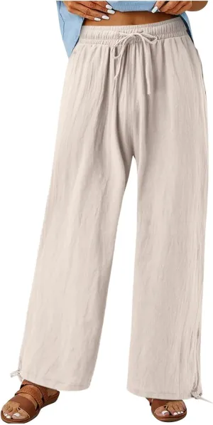 Plus Size Linen Pants for Women Casual High Waisted Wide Leg Palazzo Pants Summer Flowy Beach Trousers with Pockets
