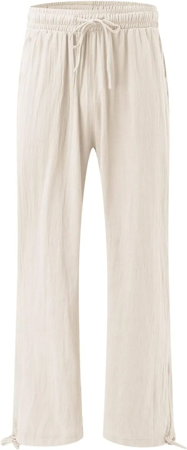 Plus Size Linen Pants for Women Casual High Waisted Wide Leg Palazzo Pants Summer Flowy Beach Trousers with Pockets