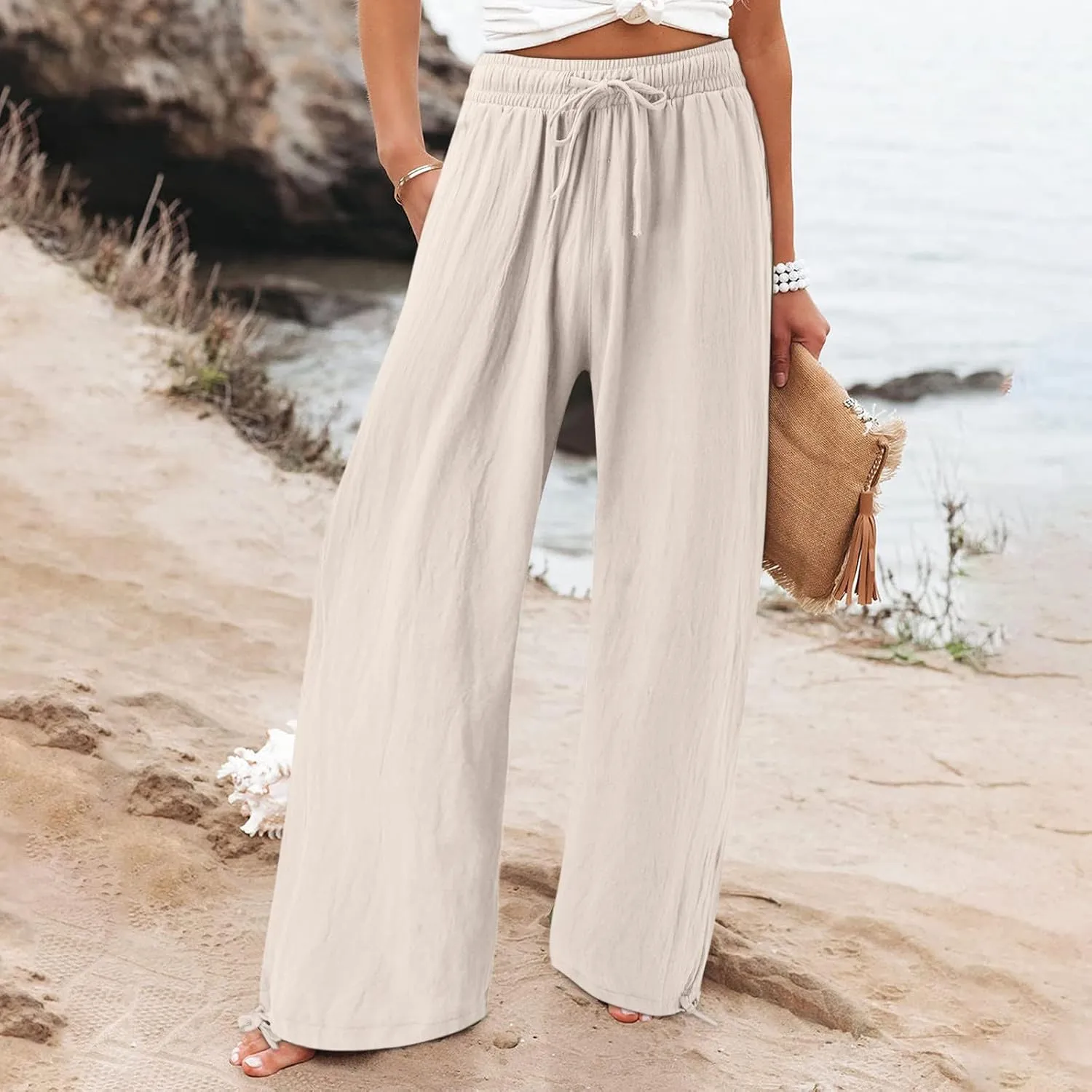 Plus Size Linen Pants for Women Casual High Waisted Wide Leg Palazzo Pants Summer Flowy Beach Trousers with Pockets