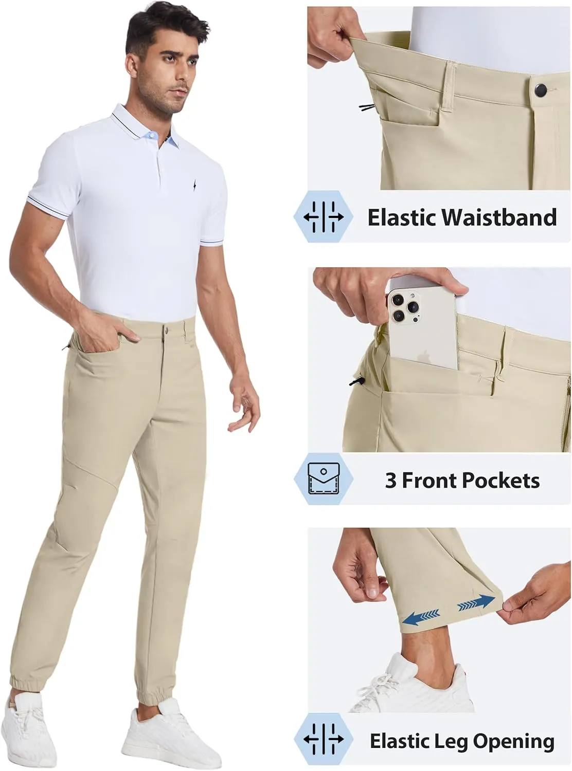 PULI Men's Stretch Golf Joggers Pants with 4 Pockets Waterproof Slim Fit Hiking Casual Travel Work Pants for Men
