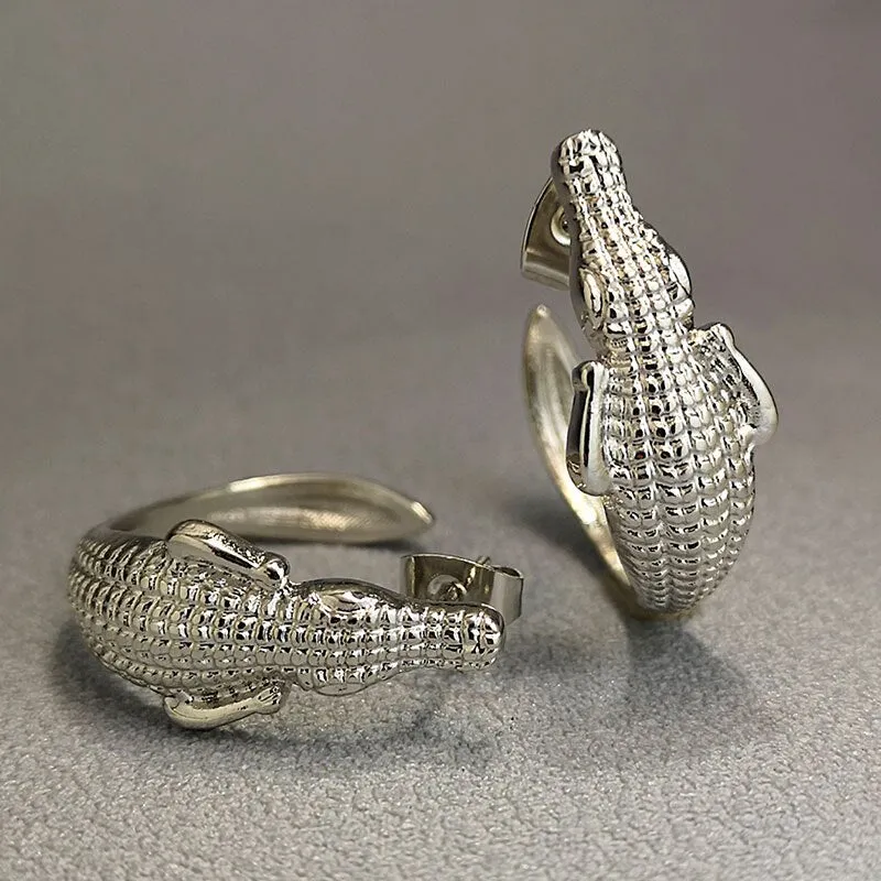 Punk Fashion Crocodile Earrings, Reptile Accessories, Party Jewelry, Gold and Silver