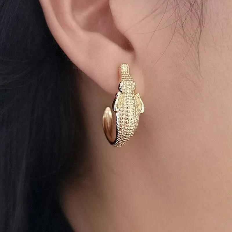 Punk Fashion Crocodile Earrings, Reptile Accessories, Party Jewelry, Gold and Silver