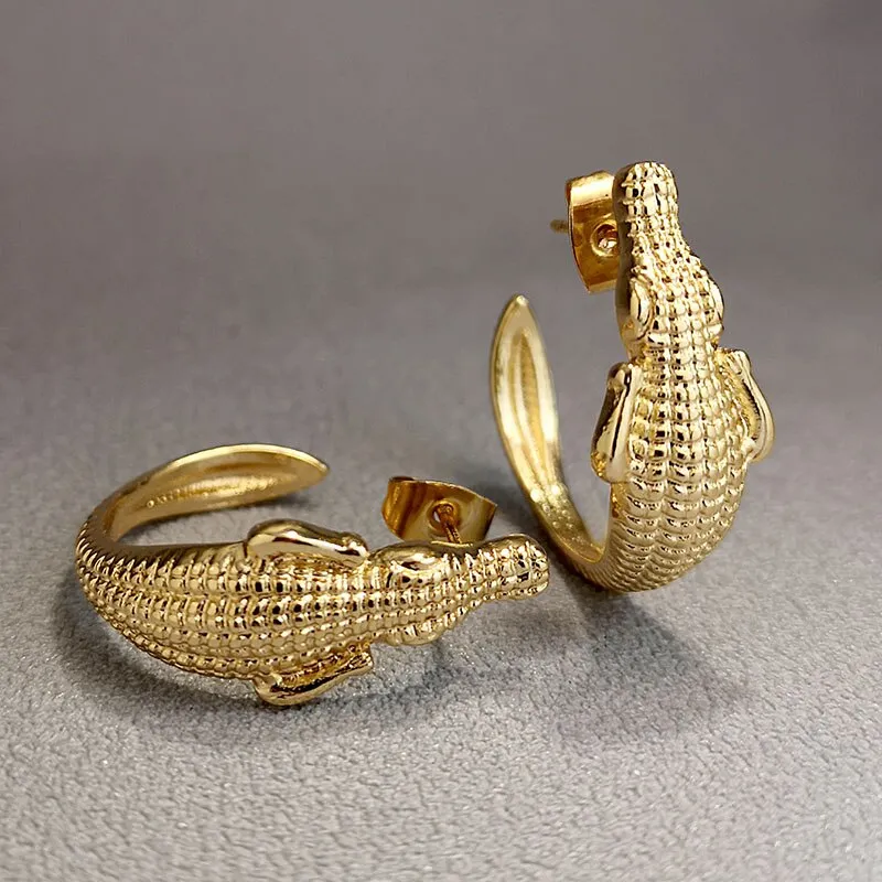 Punk Fashion Crocodile Earrings, Reptile Accessories, Party Jewelry, Gold and Silver