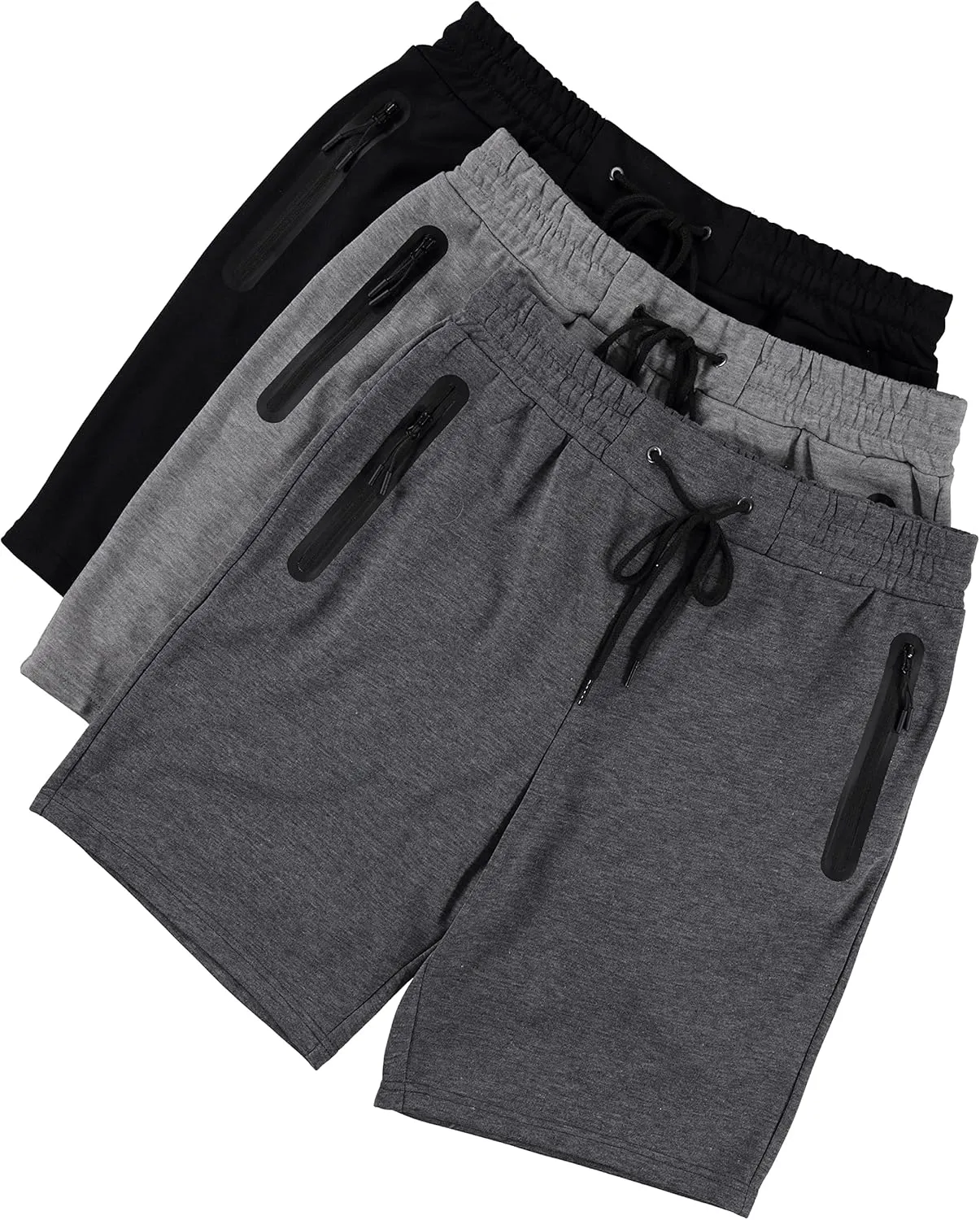 PURE CHAMP Mens 3 Pk French Terry Cotton Casual Gym Shorts for Men Athletic Workout Training Sweat Shorts with Zipper Pocket
