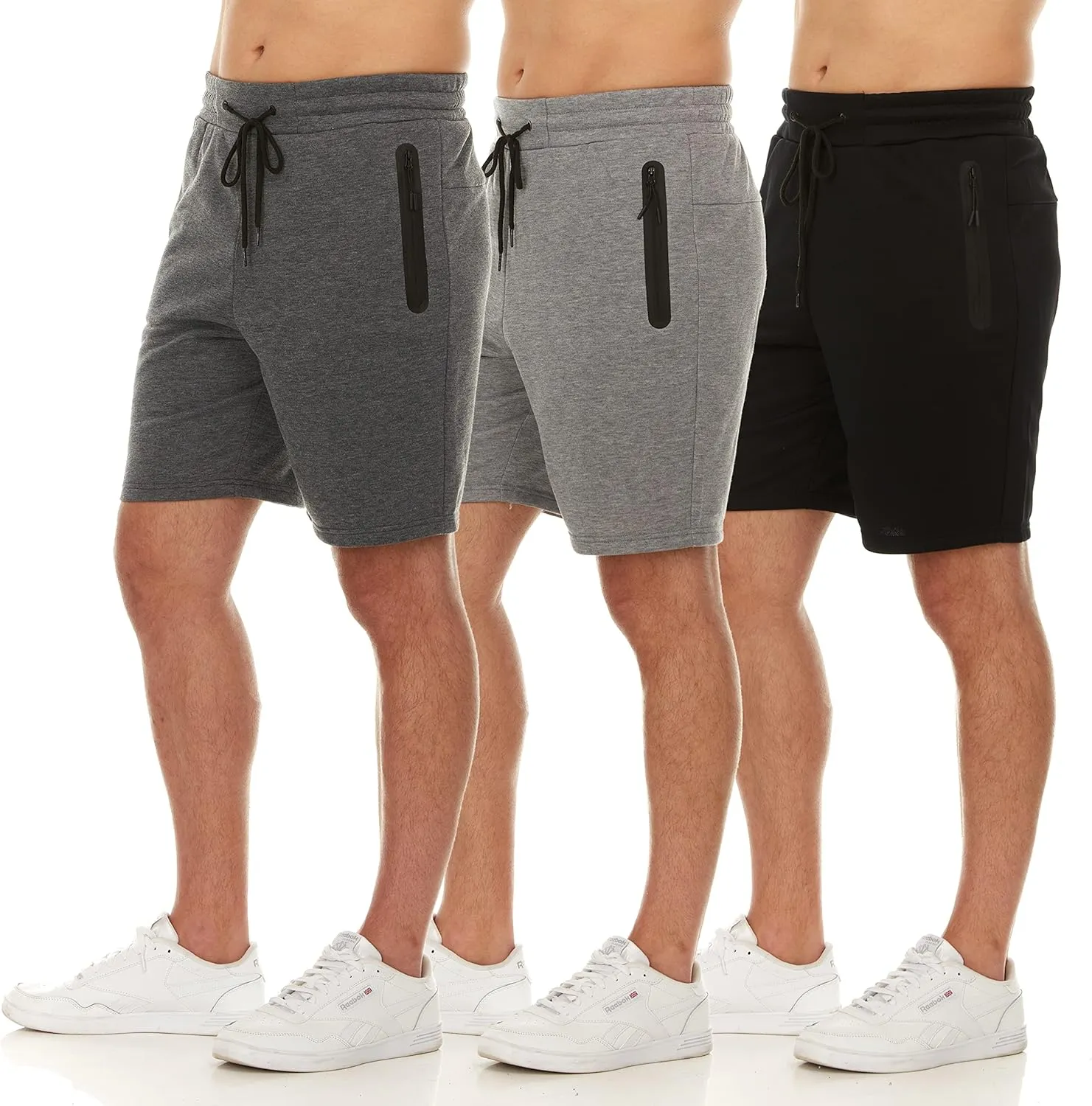 PURE CHAMP Mens 3 Pk French Terry Cotton Casual Gym Shorts for Men Athletic Workout Training Sweat Shorts with Zipper Pocket
