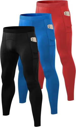 Queerier 3 Pack Men's Compression Pants Athletic Leggings with Pockets Running Baselayer Tights Cycling Workout Pants