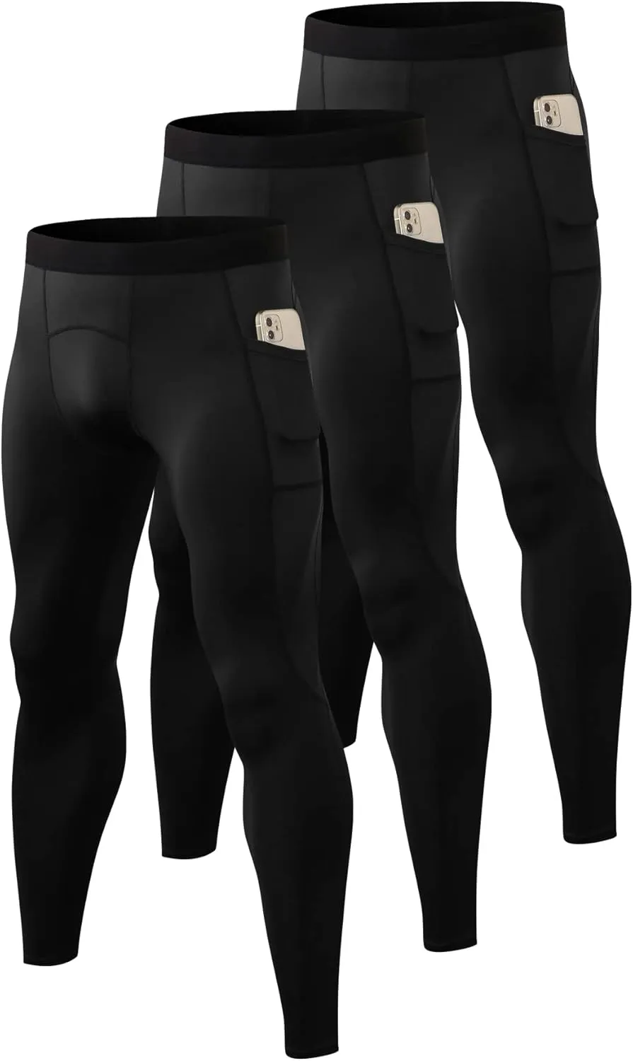 Queerier 3 Pack Men's Compression Pants Athletic Leggings with Pockets Running Baselayer Tights Cycling Workout Pants