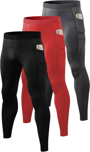 Queerier 3 Pack Men's Compression Pants Athletic Leggings with Pockets Running Baselayer Tights Cycling Workout Pants