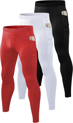 Queerier 3 Pack Men's Compression Pants Athletic Leggings with Pockets Running Baselayer Tights Cycling Workout Pants