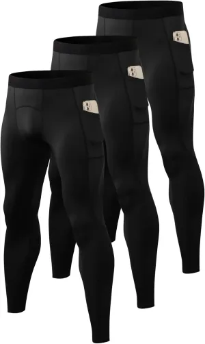 Queerier 3 Pack Men's Compression Pants Athletic Leggings with Pockets Running Baselayer Tights Cycling Workout Pants