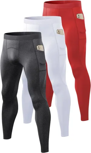 Queerier 3 Pack Men's Compression Pants Athletic Leggings with Pockets Running Baselayer Tights Cycling Workout Pants