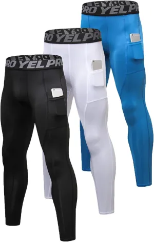 Queerier 3 Pack Men's Compression Pants Athletic Leggings with Pockets Running Baselayer Tights Cycling Workout Pants