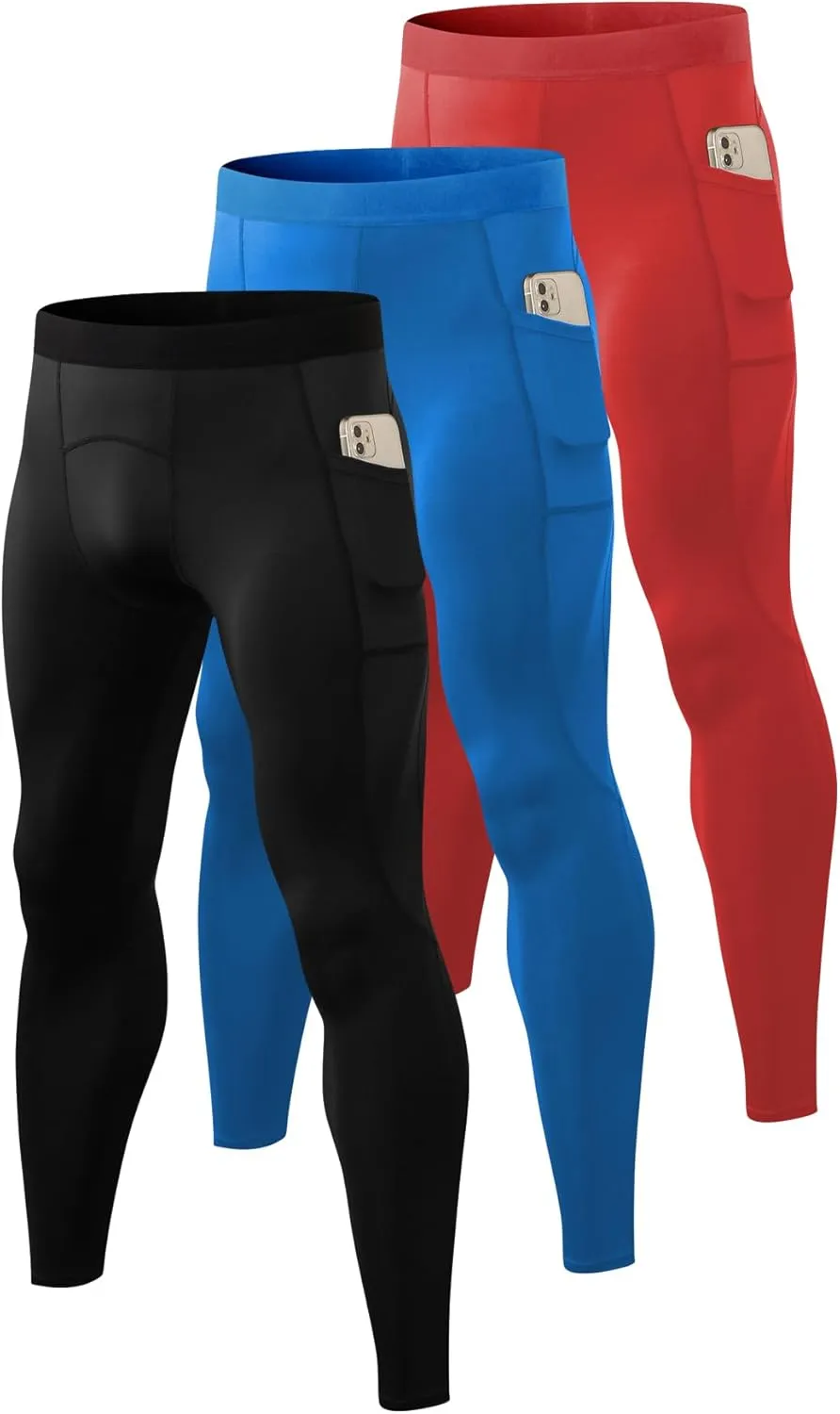Queerier 3 Pack Men's Compression Pants Athletic Leggings with Pockets Running Baselayer Tights Cycling Workout Pants