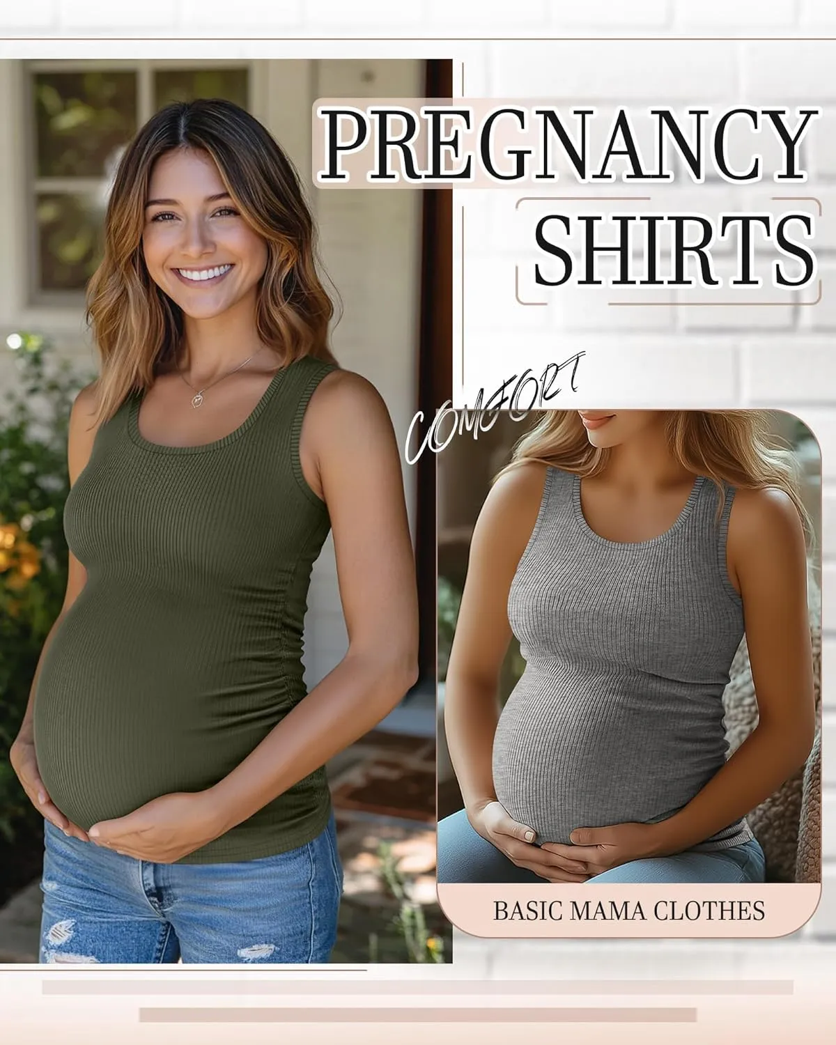 Riyiper 3 Pack Women's Maternity Tank Tops, Sleeveless Cotton Pregnancy Shirts Ribbed Knit Sides Ruched Basic Mama Clothes