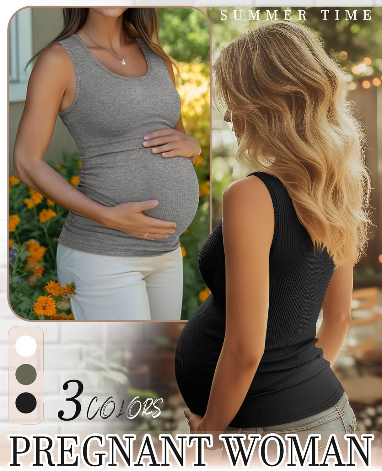 Riyiper 3 Pack Women's Maternity Tank Tops, Sleeveless Cotton Pregnancy Shirts Ribbed Knit Sides Ruched Basic Mama Clothes