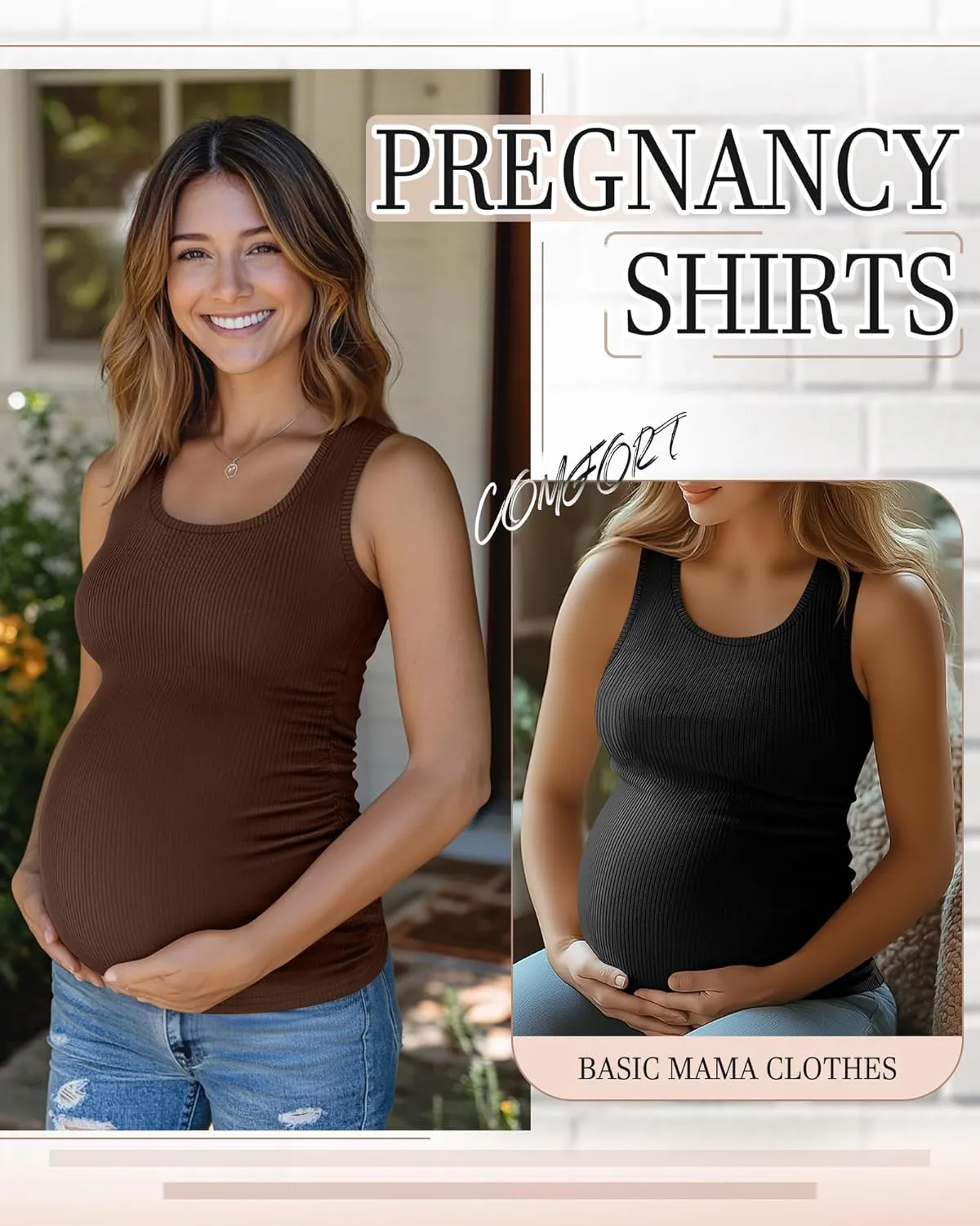 Riyiper 3 Pack Women's Maternity Tank Tops, Sleeveless Cotton Pregnancy Shirts Ribbed Knit Sides Ruched Basic Mama Clothes