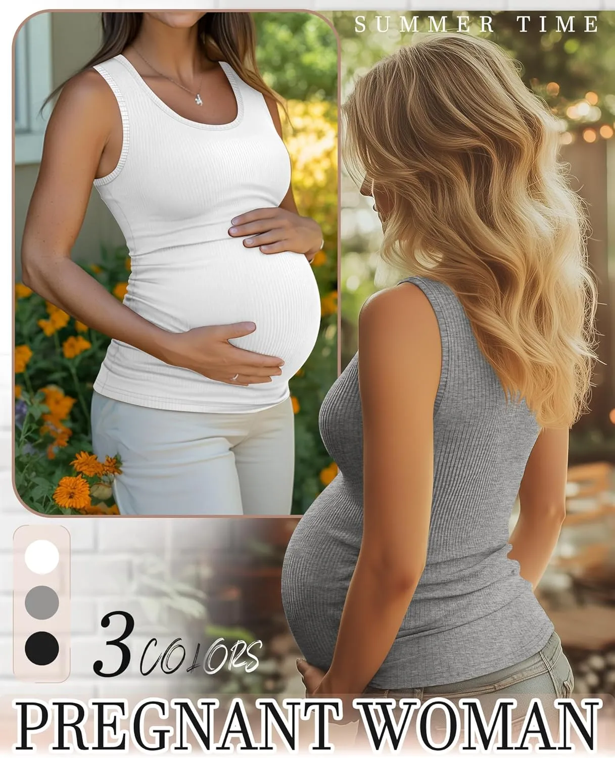 Riyiper 3 Pack Women's Maternity Tank Tops, Sleeveless Cotton Pregnancy Shirts Ribbed Knit Sides Ruched Basic Mama Clothes