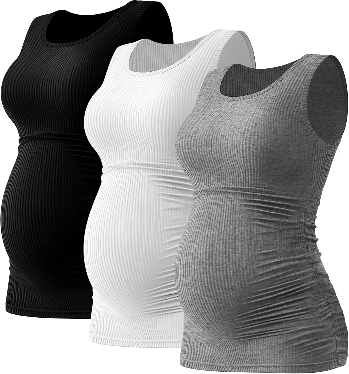 Riyiper 3 Pack Women's Maternity Tank Tops, Sleeveless Cotton Pregnancy Shirts Ribbed Knit Sides Ruched Basic Mama Clothes