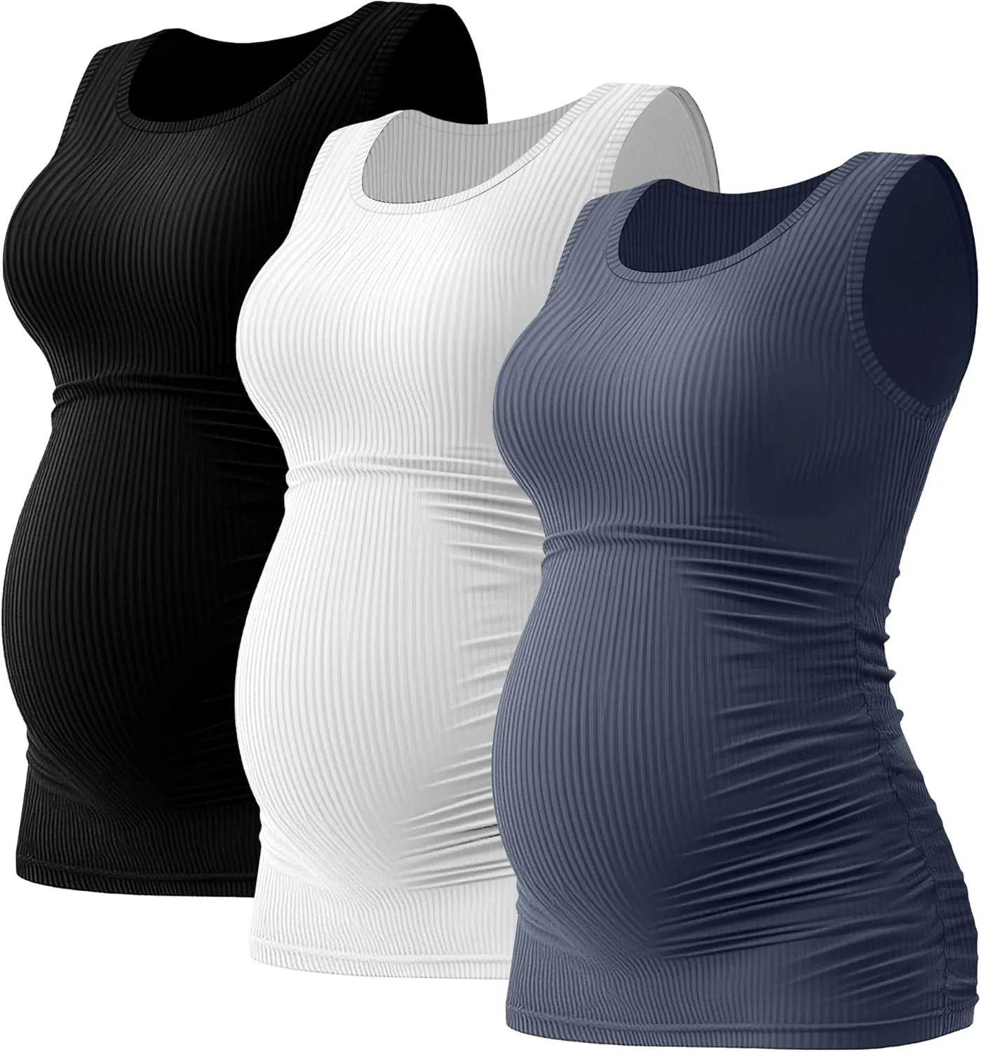 Riyiper 3 Pack Women's Maternity Tank Tops, Sleeveless Cotton Pregnancy Shirts Ribbed Knit Sides Ruched Basic Mama Clothes