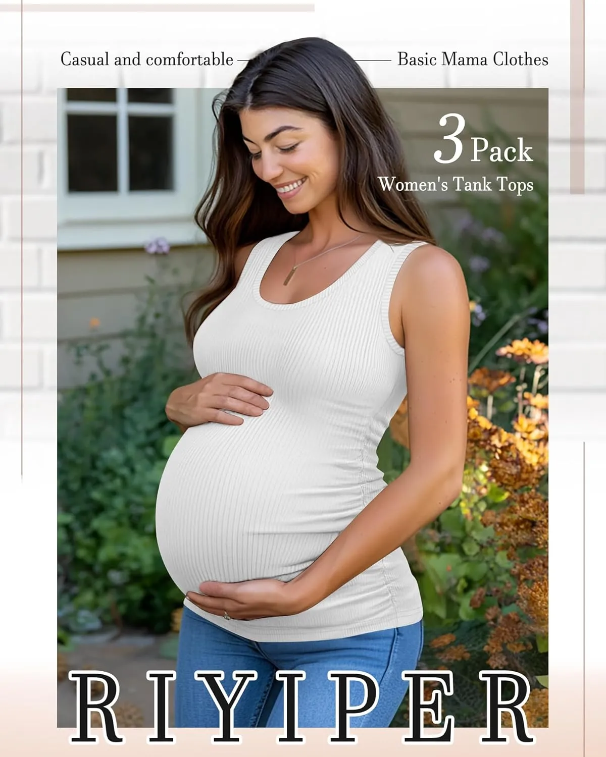 Riyiper 3 Pack Women's Maternity Tank Tops, Sleeveless Cotton Pregnancy Shirts Ribbed Knit Sides Ruched Basic Mama Clothes