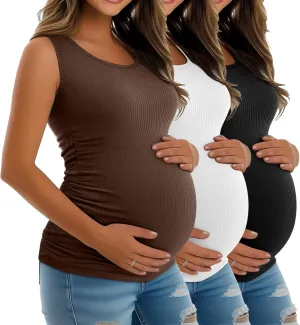 Riyiper 3 Pack Women's Maternity Tank Tops, Sleeveless Cotton Pregnancy Shirts Ribbed Knit Sides Ruched Basic Mama Clothes
